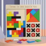 SHINETOY Wooden 3-in-1 Puzzle Game for Kids | Tangram Shape Sorter, XO Tic-Tac-Toe & Building Blocks | Montessori Educational Toy for Early Learning & Brain Development - Image 2