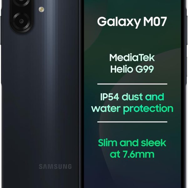 Samsung Galaxy M07 Mobile (Black, 4GB RAM, 64GB Storage) | MediaTek Helio G99 | AnTuTu 624K | IP54| 50MP Camera | 7.6mm Slim | 5000mAh Battery | 25W Fast Charging | 6 Gen OS Upgrades | Without Charger