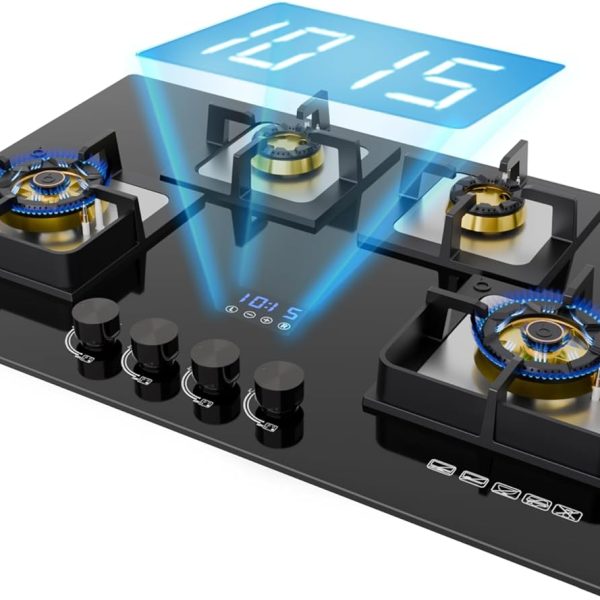 Beyond Appliances Dorado 4 Burner Smart Glass Hobtop Gas Stove | Auto Ignition | Digital Timer | Flame Failure Device | Toughened Glass | LPG & PNG Compatible