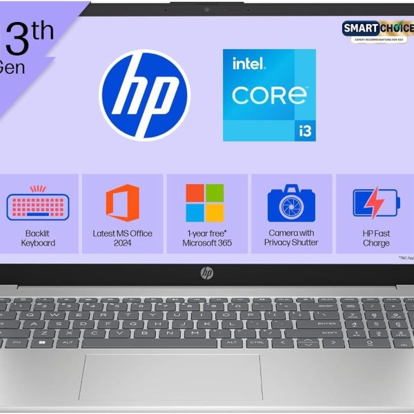 HP 15 Smartchoice, 13th Gen Intel Core i3-1315U(8GB DDR4,512GB SSD) FHD, Anti-Glare, Micro-Edge, 15.6''/39.6cm, Win11, M365(1yr)*Office24, Silver,1.59kg, fd0572TU, FHD Camera w/Shutter, Backlit Laptop