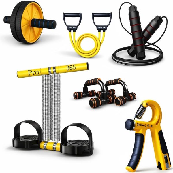 PRO365 6-in-1 Home Fitness Equipment Kit | Ab Roller Wheel, Resistance Band, Jump Rope, Push Up Bars, Hand Gripper & Chest Expander | Full Body Workout Set for Men & Women (Multicolour)