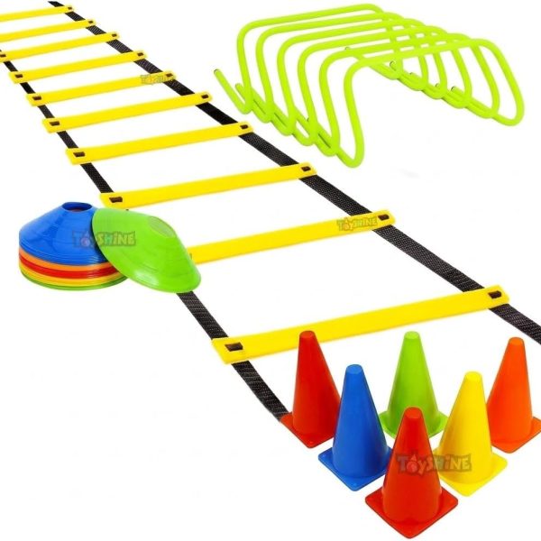 MRT Sports Fitness Combo - 6 INCH 6 Pieces Speed Hurdle, 6 Pieces Stacking Cones, 10 Pc Multicolour Space Markers and 1 Pc Agility Ladder th 10 Rungs Multicolour Hurdles 6 inch Pack of 6