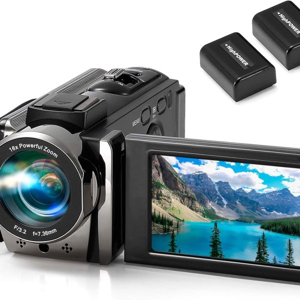 Video Camera Camcorder kimire Digital Camera Recorder Full HD 1080P 15FPS 24MP 3.0 Inch 270 Degree Rotation LCD 16X Digital Zoom Camcorder Camera with 2 Batteries(Black)