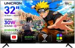 UNICRON TE 32 Inch Android Smart TV, HD Ready LED Television for Home, Gaming, Office with WiFi, 30W Sound with Premium Frameless Design, Built in Apps