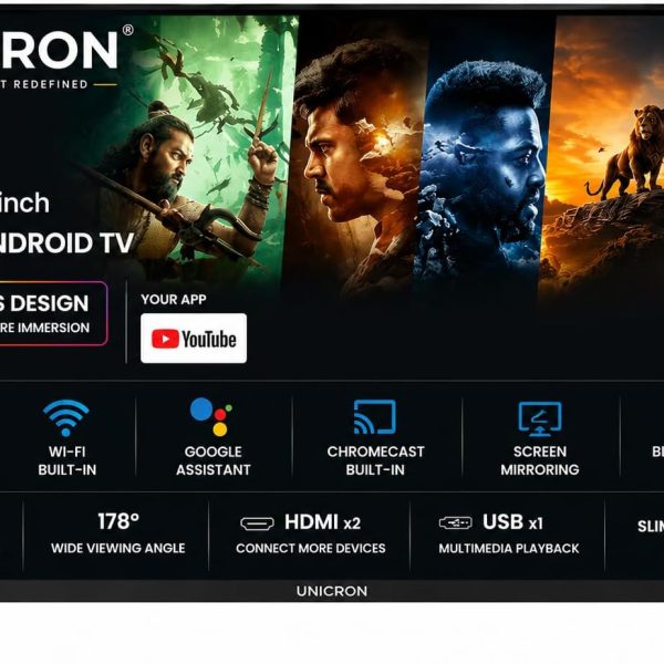 UNICRON 24”INCH Frameless HD Ready Android Smart LED TV | WiFi Enabled | Built-in Apps Compatible (YouTube, Netflix, Prime Video) | HDMI, USB Connectivity | Slim & Stylish |Meeracast Model