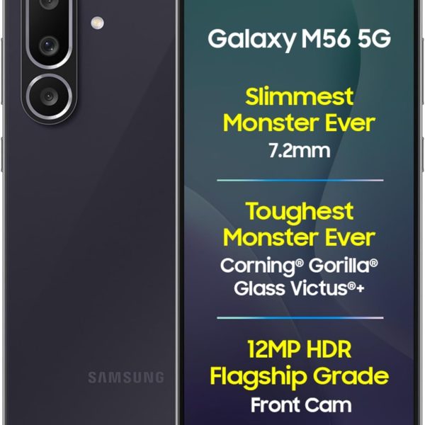 Samsung Galaxy M56 5G Mobile (Black, 8GB RAM, 128GB Storage)| Segment Slimmest | Gorilla Glass Victus+ | 10 Bit HDR Video | 50MP Camera | AI | Vapour Cooling Chamber | Lag-free Gaming| Without Charger