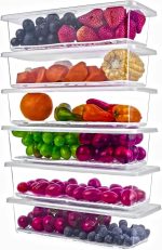 Xiran 6 Fridge Storage Boxes Fridge Organizer With Removable Drain Plate&Lid Stackable Fridge Storage Containers Plastic Freezer Storage Containers For Fish,Meat,Vegetables,Fruits(1500Ml),Transparent
