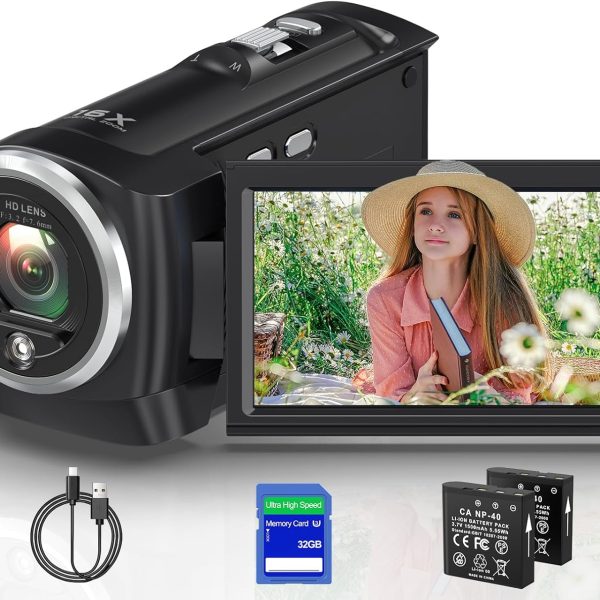 2.7K Video Camera Camcorder QHD 50MP YouTube Vlogging Camera 16X Digital Zoom Webcam 270 Degree Rotation Screen Camcorders with 32G SD Card and 2 Batteries Recording While Charging