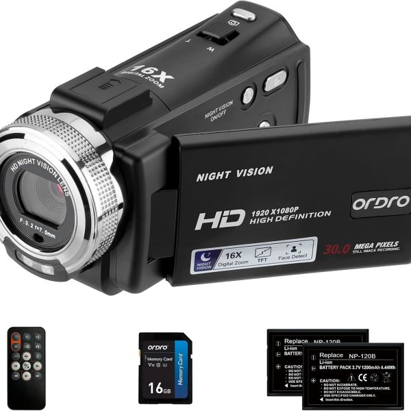Camcorders ORDRO HDV-V12 HD 1080P Video Camera Recorder Infrared Night Vision Camera Camcorders with 16G SD Card and 2 Batteries