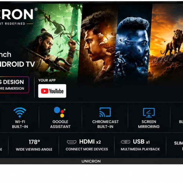 UNICRON 32 inch smart tv Android Frameless Smart LED TV HD Ready Built-in WiFi | HDMI & USB Connectivity | Built-in Apps Compatible,YouTube, Netflix, Prime Video