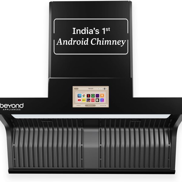Beyond Appliances Orion 90cm Auto Clean Kitchen Chimney | 1600 CMH Suction | Filterless | Smart Touchscreen Display & Speaker | Baffle Plates | Touch Control | Black Finish.