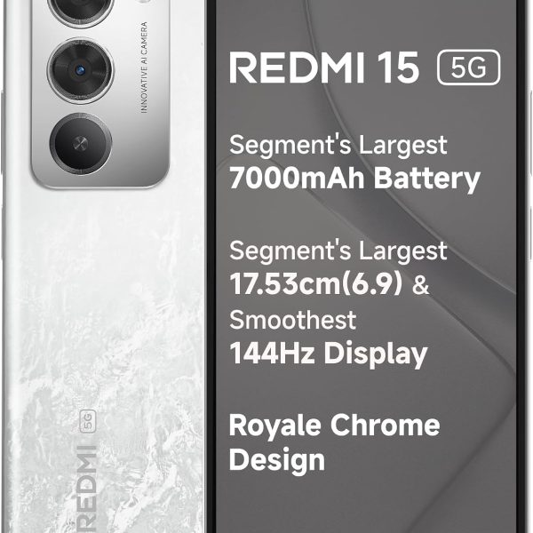 REDMI 15 5G Frosted White 8GB + 256GB | Segment's Largest 7000mAhA Battery | Segment's Largest Display 17.53cm(6.9) Up to 144Hz | Snapdragon 6s Gen 3 | 18W Reverse Charging | 50MP AI Dual Camera