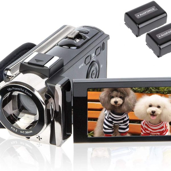 kicteck Video Camera Camcorder Digital YouTube Vlogging Camera Recorder kicteck Full HD 1080P 15FPS 24MP 3.0 Inch 270 Degree Rotation LCD 16X Digital Zoom Camcorder with 2 Batteries(604s) Black