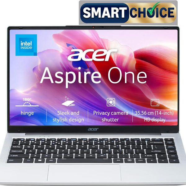 Acer Smartchoice Aspire One, Intel Core Celeron N4500, Office 2024 + M365 Basic, 12GB LPDDR4X / 256GB SSD, 14.0"/35.56cm TN HD Display, Win 11 Home, Pure Silver, 1.3KG, A114-45, Thin and Light Laptop