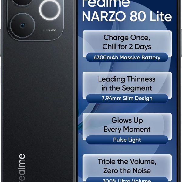 realme NARZO 80 Lite 4G (Obsidian Black 2026, 4GB+64GB) | 6300mAh Segment's Biggest Battery | 7.94mm Slim Design | 300% Ultra Volume | Pulse Light: 9 Colors, 5 Glow Modes | Ai Assist