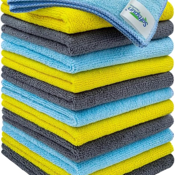 SOFTSPUN Microfiber Cleaning Cloths, 12pcs 30x30cms 220 GSM Multi-Colour! Highly Absorbent Lint and Streak Free Multi -Purpose Wash Cloth for Kitchen Window Stainless Steel Silverware.